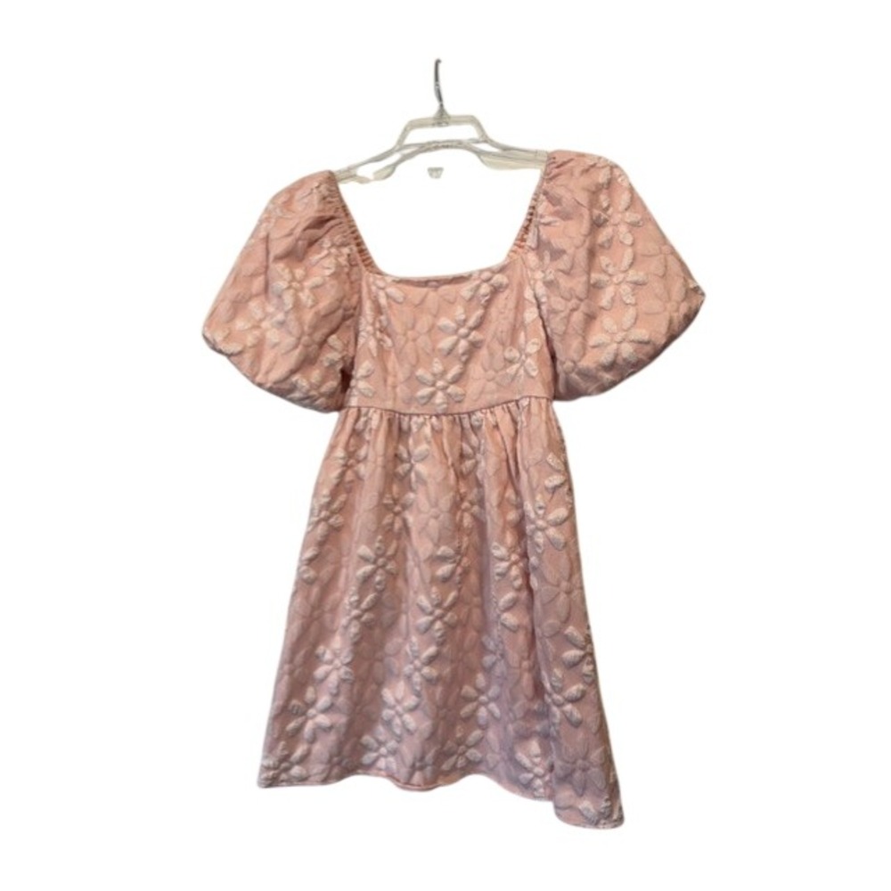 BIBI Womens Pink Textured Raised Floral Puff Sleeve‎ Square Neck Mini Dress S
